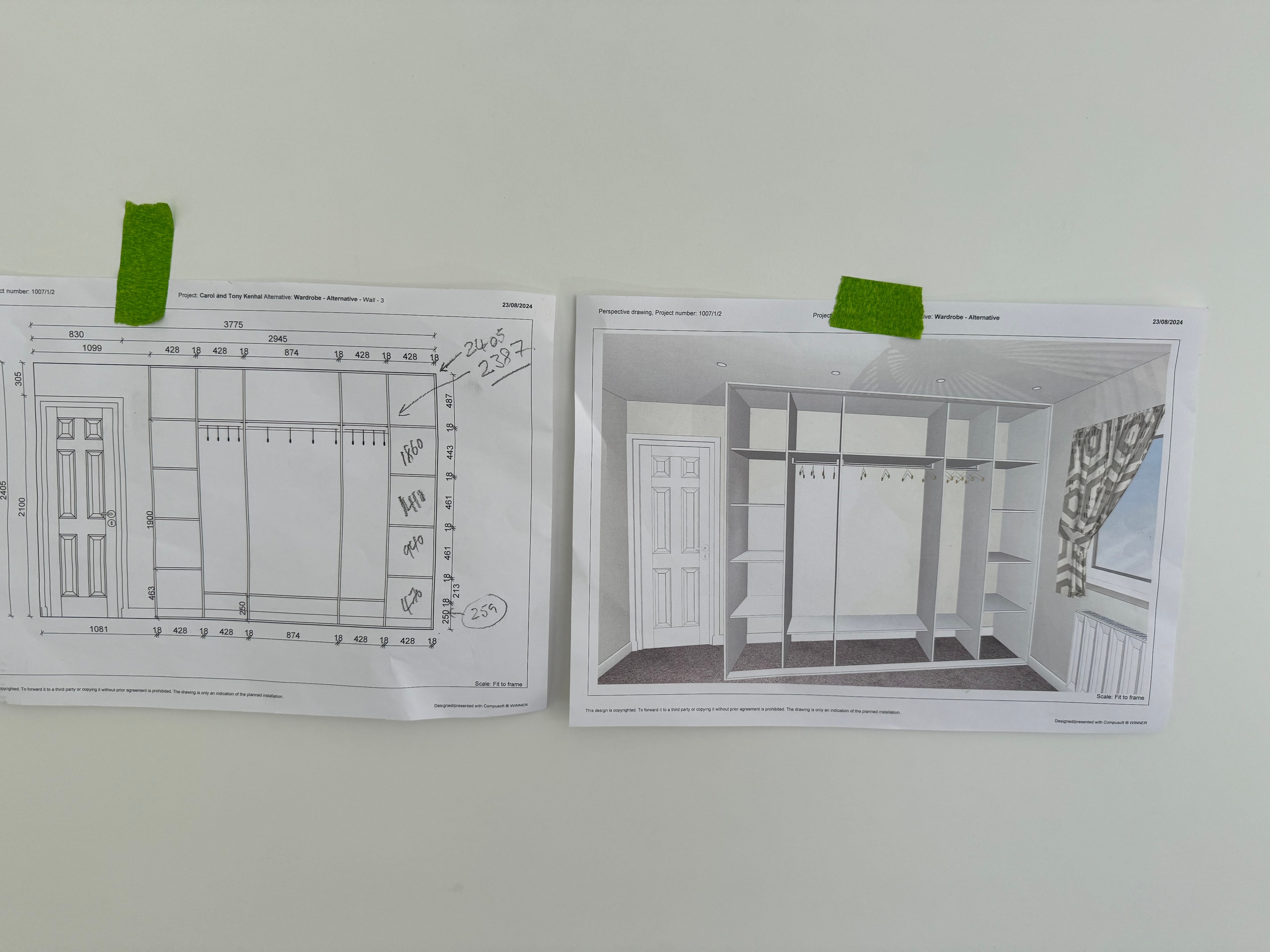 Bespoke wardrobe design drawings and 3D render